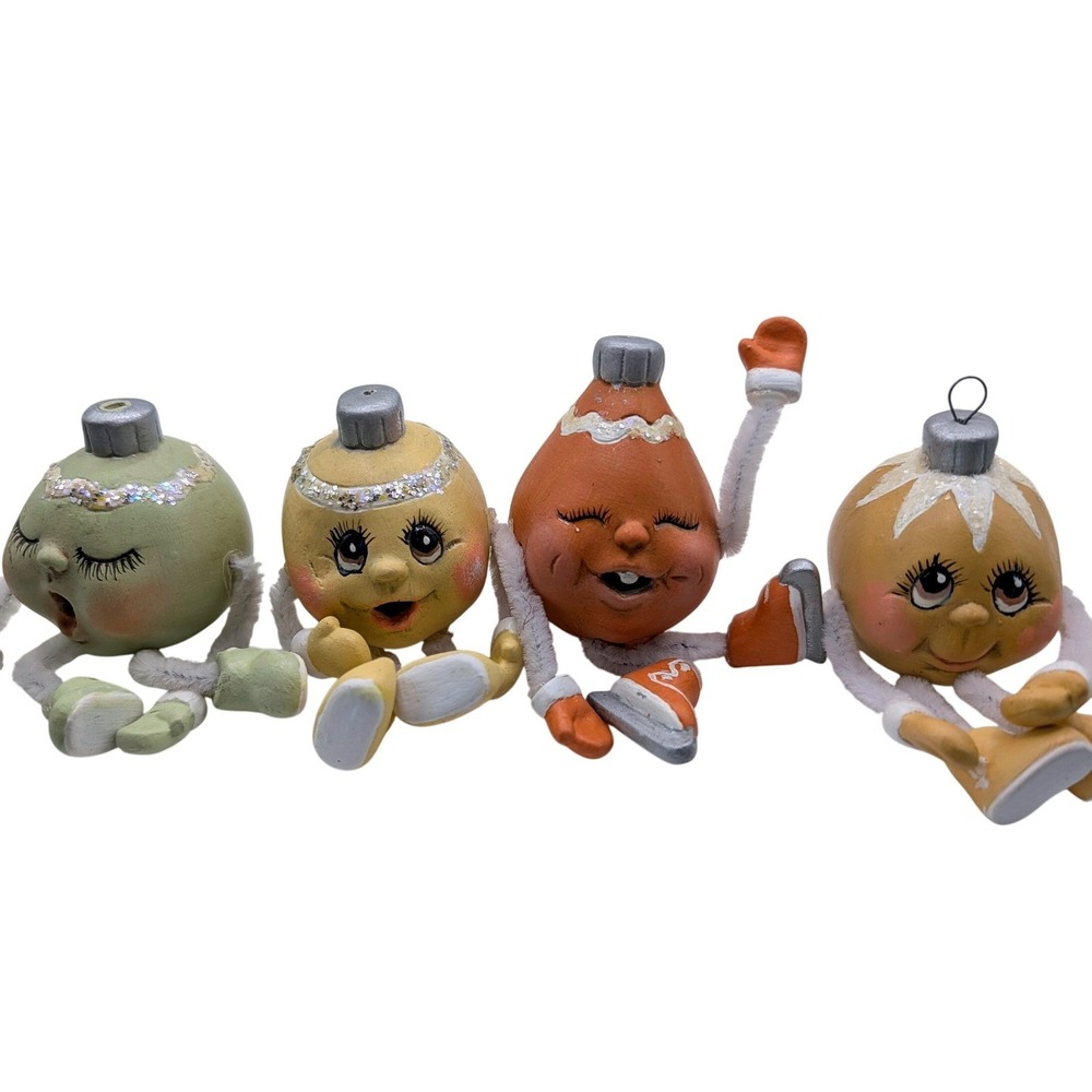 Vintage Anthropomorphic Christmas Ball Ornaments Shelf Sitters Set of 4 Glitter
